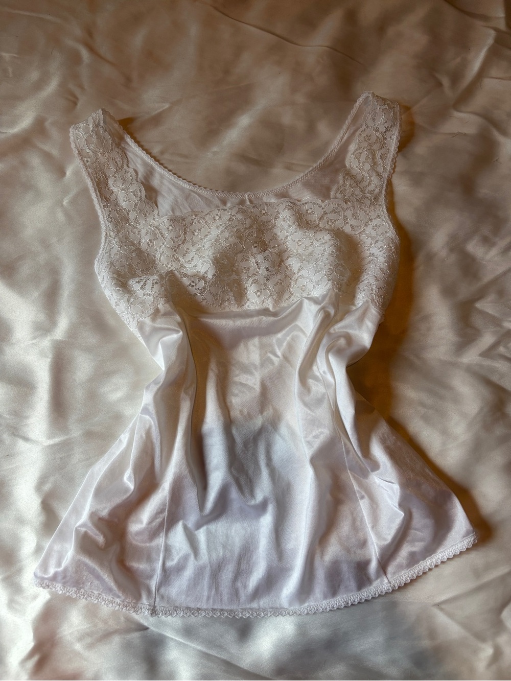 Vintage White Satin Lace Camisole Babydoll Top Coquette Made in Canada